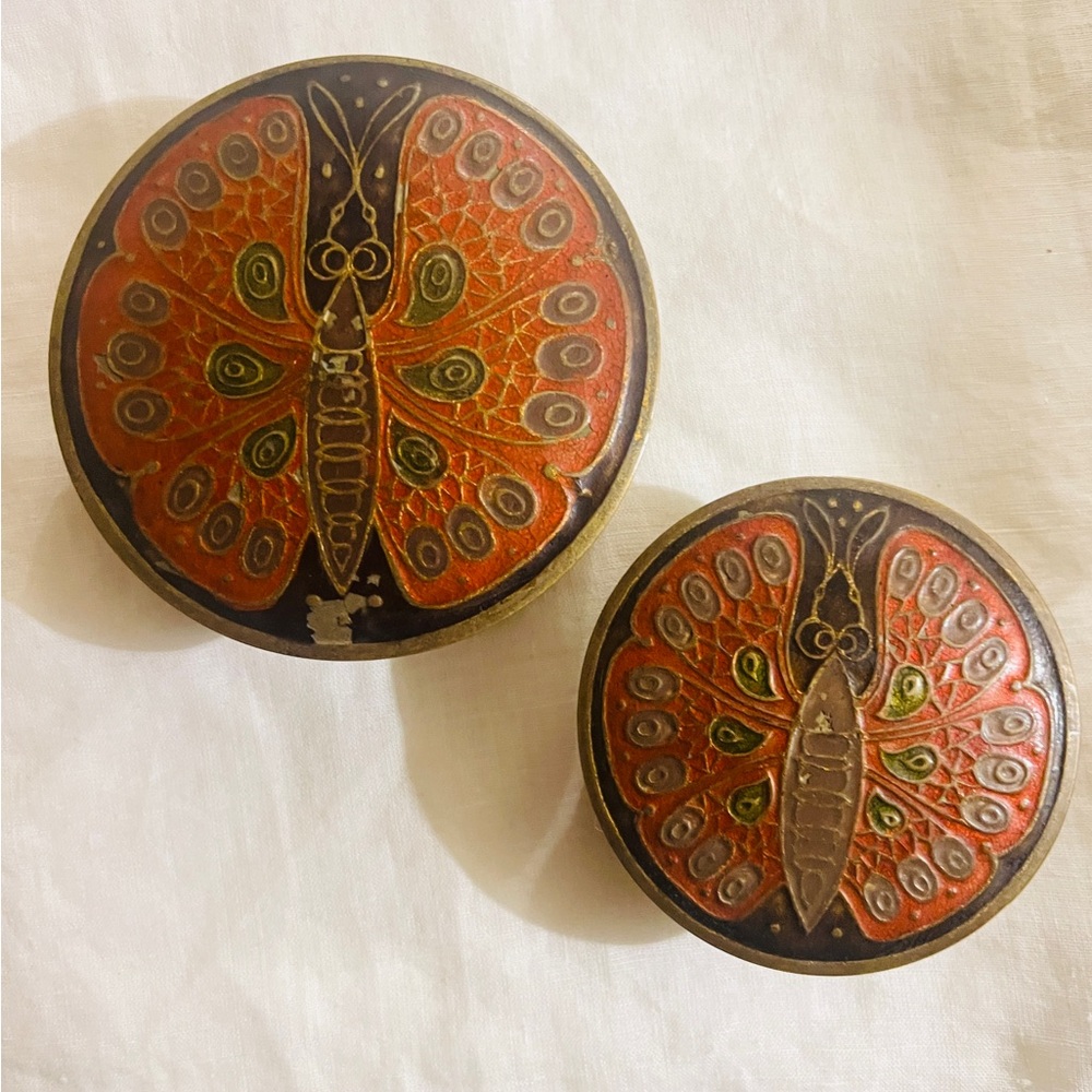 1960s-1970s Indian Meenakari brass and enamel nesting boxes w/ Butterfly Design